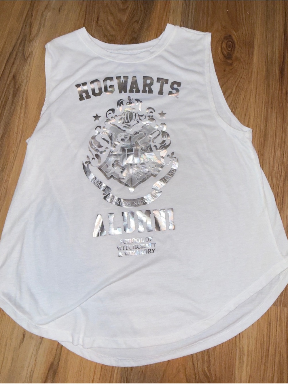 Warner Bros. White Tank Top with Silver Foil Hogwarts Crest